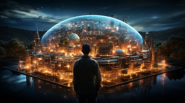 A holographic brain interface merging with a futuristic cityscape - Powered by Adobe