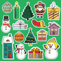 Christmas sticker printable set vector illustration, suitable for gift or decoration and graphic design element