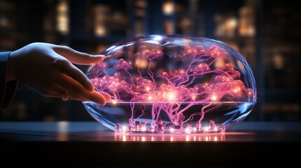 A holographic brain projection with futuristic, pulsating energy