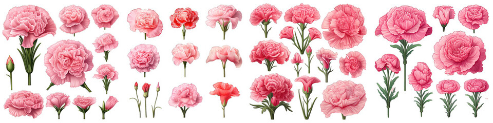 Carnation  Flower Set Concept Props For Icon Designing Hyperrealistic Highly Detailed Isolated On Transparent Background Png File