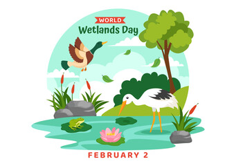 World Wetlands Day Vector Illustration on 2 February with Stork Animals and Garden Background in Holiday Celebration Flat Cartoon Design