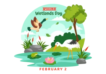 Foto op Plexiglas World Wetlands Day Vector Illustration on 2 February with Stork Animals and Garden Background in Holiday Celebration Flat Cartoon Design © denayune