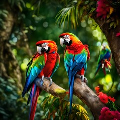 blue and yellow macaw  seeing here and there - obrazy, fototapety, plakaty