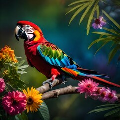 parrot on a branch near the pink flowers