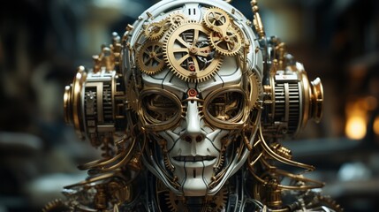 A mechanical brain with clockwork precision and gears in motion in a steampunk-inspired world