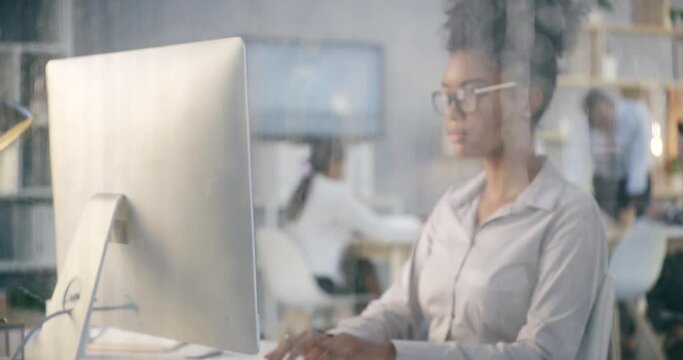 Computer, thinking and business woman in office for planning, research or typing proposal on rainy day. .Brainstorming, idea and lady email marketing manager online with for problem solving solution