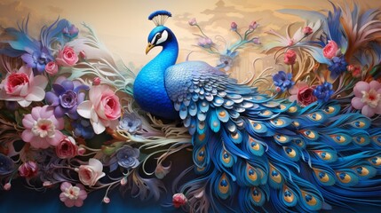 A mesmerizing 3D mural portraying a regal blue peacock amidst a surreal landscape of swirling colors and ethereal light.