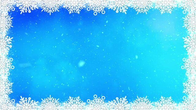 Snowflake Rotation Frame Snow on Blue 4K Loop features a blue sky with moving clouds and rotating snowflakes around the edge to make a frame in a loop.