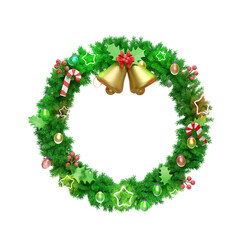 Fototapeta na wymiar wreath with decorated branches of pine trees, Jingle bell, candy cane, red bow, holly berry leaves, clear glass lantern garlands, star. merry christmas and happy new year, 3d render illustration