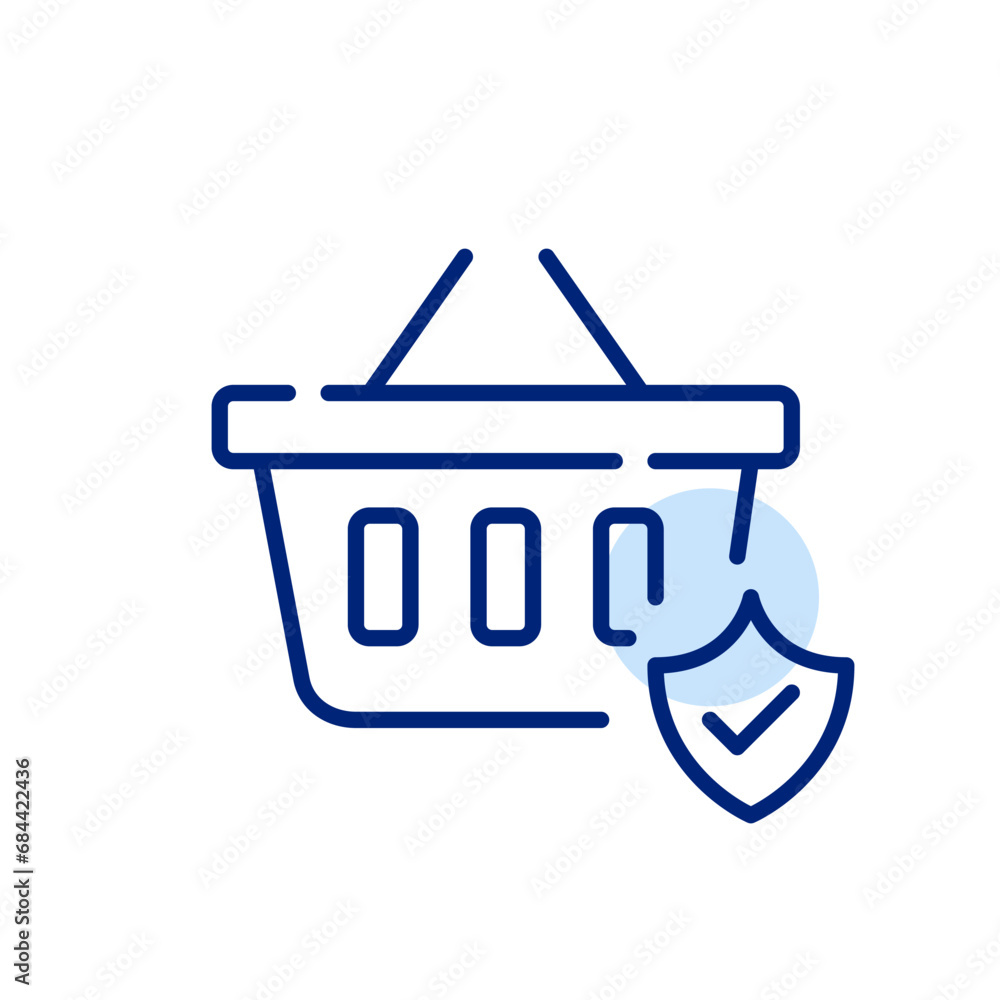 Poster secure internet shopping experience. basket and protection shield with check mark symbol. pixel perf