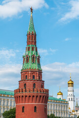 Fototapeta na wymiar Vodovzvodnaya Tower at southwestern corner of Moscow Kremlin, overlooking Moscow River. Moscow, Russia