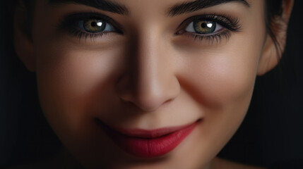 Extreme closeup of a smiling happy woman with bright eyes and a broad smile. Female model with a perfect complexion. Skin care, cosmetics, happy-go-lucky mental health.