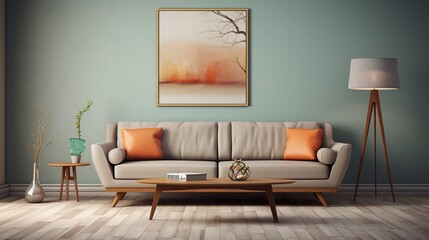 A mid-century modern sofa with wooden legs and clean lines, situated in a room adorned with vintage accents and warm lighting. - obrazy, fototapety, plakaty