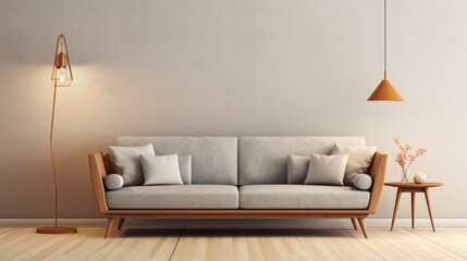 A mid-century modern sofa with wooden legs and clean lines, situated in a room adorned with vintage accents and warm lighting. - obrazy, fototapety, plakaty