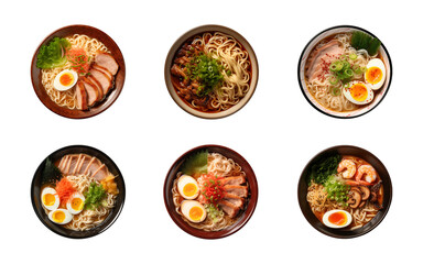Collection set top view of Japanese ramen noodle soup isolated on a transparent background