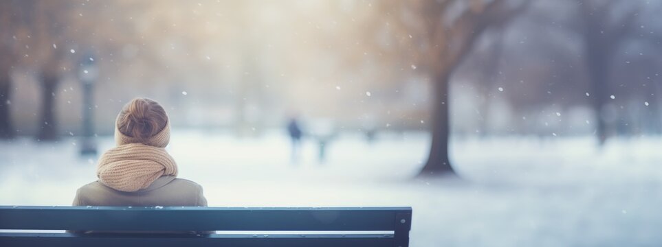 woman sit on bench, winter season