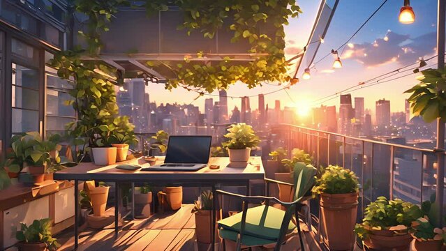 openair workspace rooftop, surrounded ling lights lush urban garden, with laptop resting sleek metal table amidst gentle summer breeze. stream overlay animation