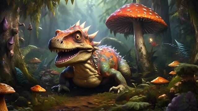 Closeup animation of a mischievous dinosaur peeking out from behind a large mushroom in a whimsical forest full of magical creatures. .