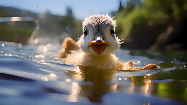 Ducklings swim in the water footage