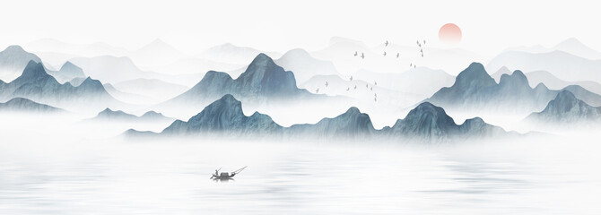 Chinese style blue artistic conception ink wash landscape background illustration