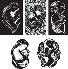set of mother and child silhouette vector