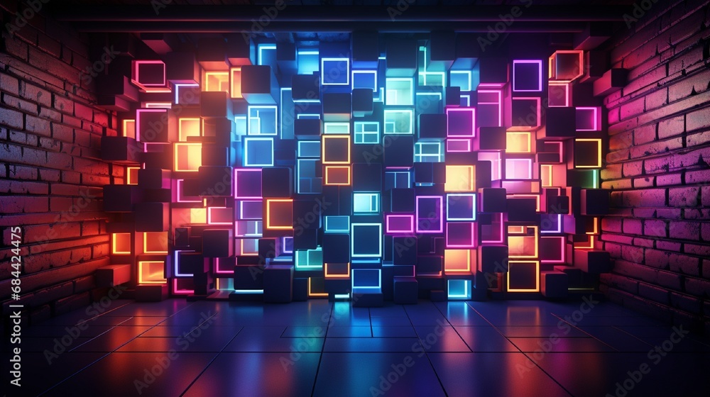 Canvas Prints a retro-futuristic 3d wall mural showcasing vibrant neon grids and patterns, evoking a nostalgic yet