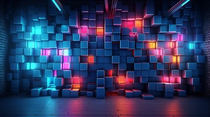 A retro-futuristic 3D wall mural showcasing vibrant neon grids and patterns, evoking a nostalgic...
