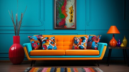 A retro-inspired sofa featuring vibrant colors and unique patterns, placed in a retro-themed room with eclectic decorations.