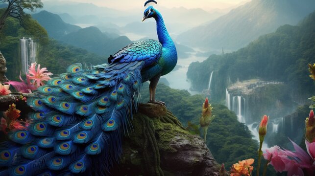 A realistic 3D artwork capturing a stunning blue peacock adorned with intricate patterns, set against a backdrop of lush, misty mountains.