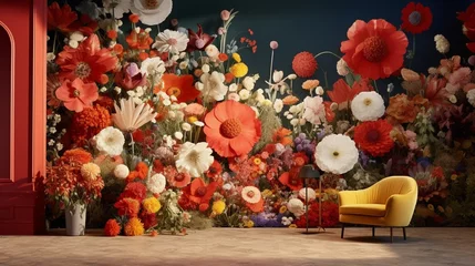 Foto auf Acrylglas A room adorned with 3D wallpaper showcasing a lively arrangement of daisies and poppies in full bloom. © Ghulam