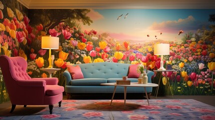 A room adorned with a 3D wallpaper depicting an enchanting meadow filled with blooming tulips and daffodils. - obrazy, fototapety, plakaty