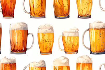 seamless pattern with orange light beer mugs on white background