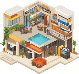 Isometric hotel building isolated on white background