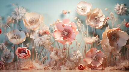 A room featuring a 3D floral wallpaper displaying an artistic arrangement of delicate anemones in soft pastel tones.