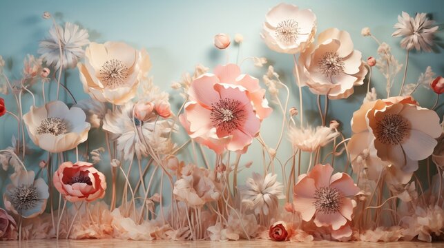 Fototapeta A room featuring a 3D floral wallpaper displaying an artistic arrangement of delicate anemones in soft pastel tones.