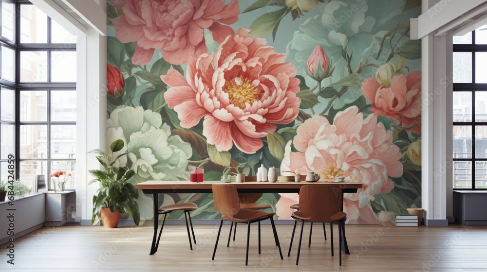 Wall mural a room featuring a 3d wallpaper design showcasing an array of colorful peonies against a subtle, mut