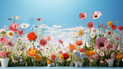 A room featuring a 3D wallpaper design showcasing an array of colorful wildflowers against a serene blue sky backdrop.