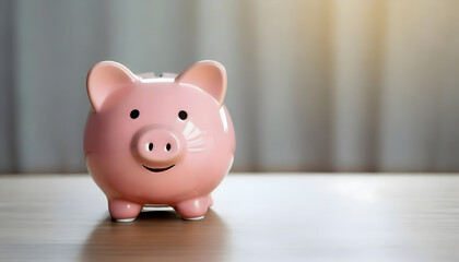 pink piggy bank smiling on table , for saving money wealth, and financial concepts, copy space. Utility bills, calculating monthly budgets, investing.  - obrazy, fototapety, plakaty