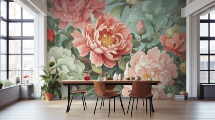 A room featuring a 3D wallpaper design showcasing an array of colorful peonies against a subtle, muted background. - Powered by Adobe