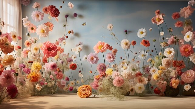 A room featuring a 3D floral wallpaper displaying a vivid array of cosmos flowers dancing in a summer breeze.