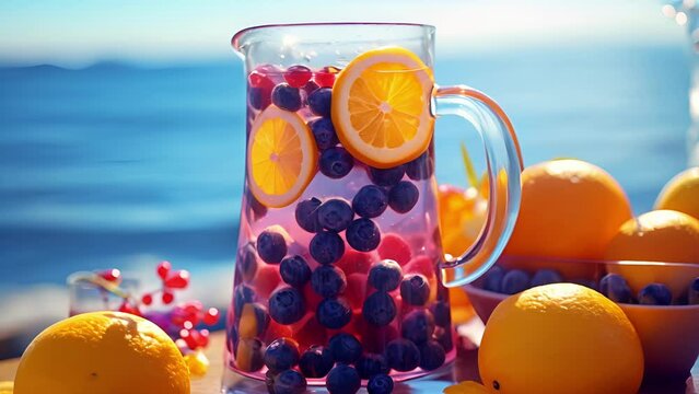 Closeup of a sea of blueberries and juicy orange slices floating lazily in a tall glass pitcher, their vibrant hues mirroring the sparkling ocean in the distance.