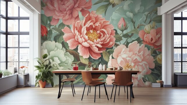 Fototapeta A room featuring a 3D wallpaper design showcasing an array of colorful peonies against a subtle, muted background.