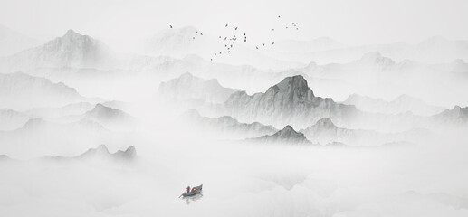 Chinese style artistic conception ink wash landscape background illustration