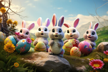 Many Happy smiling Easter Bunnies with many colorful easter eggs