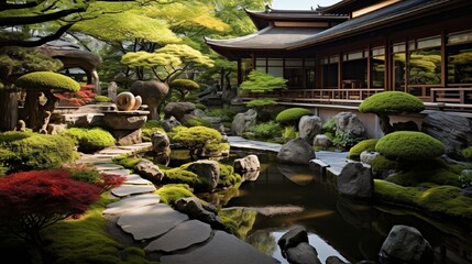 A serene Japanese garden with a koi pond, stone pathways, and bonsai trees meticulously arranged.
