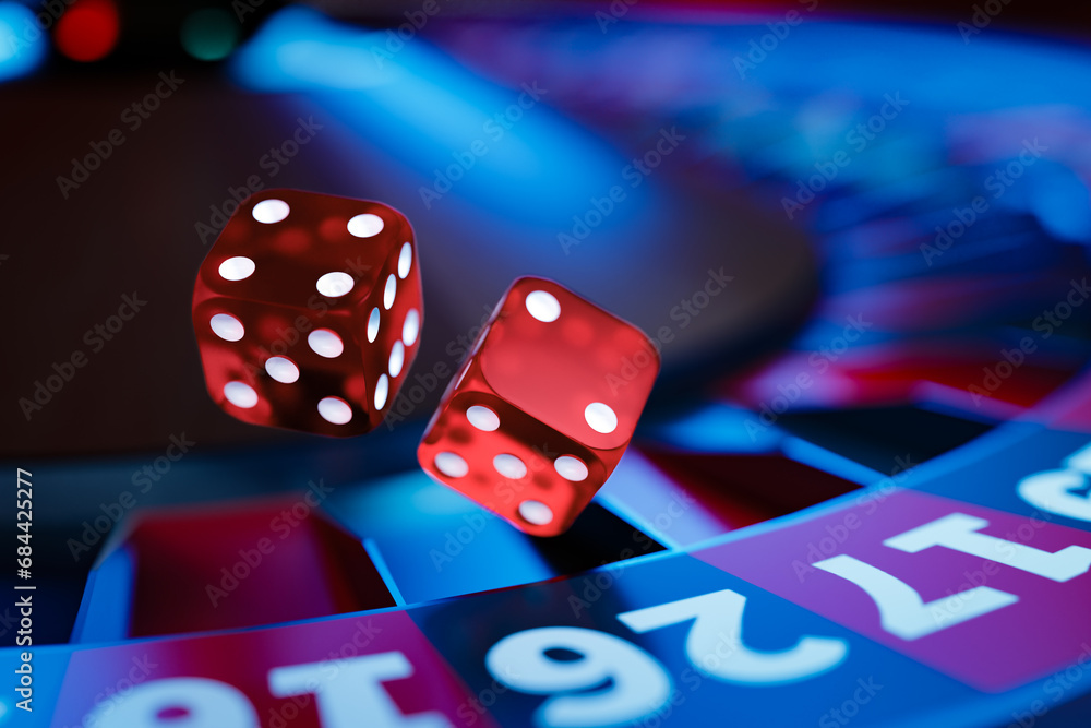 Poster background of gambling-related dice and chips, 3d rendering