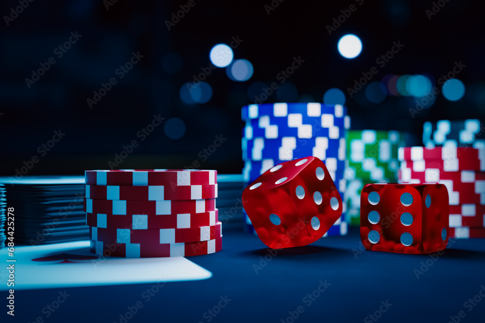 Poster background of gambling-related dice and chips, 3d rendering