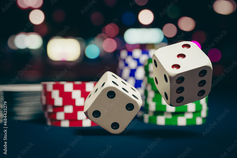 Poster background of gambling-related dice and chips, 3d rendering