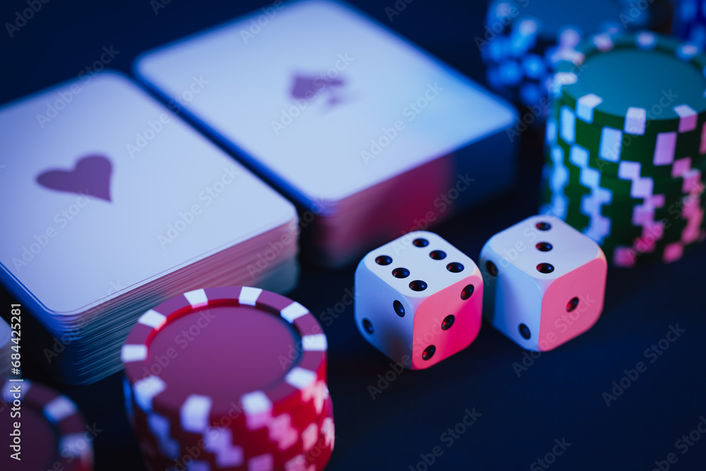 Poster background of gambling-related dice and chips, 3d rendering