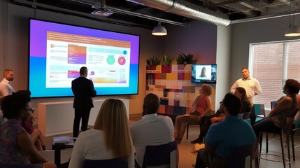 A snapshot of a colorful and engaging employee training session on a big screen with collaborative activities and enthusiastic participation.